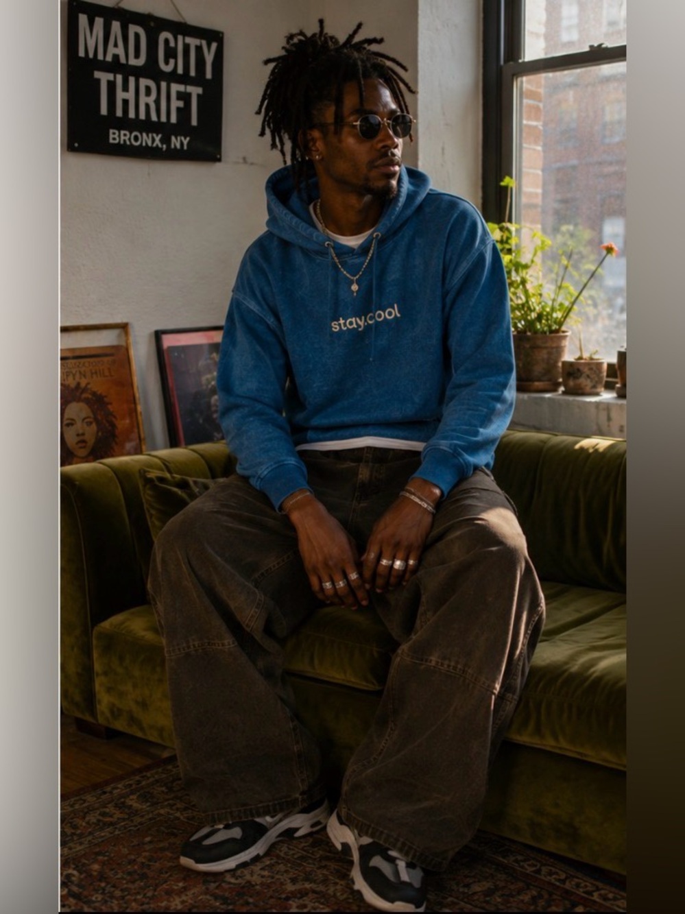 Mens Streetwear Stay Cool NYC Hoodie Acid Wash Blue Large